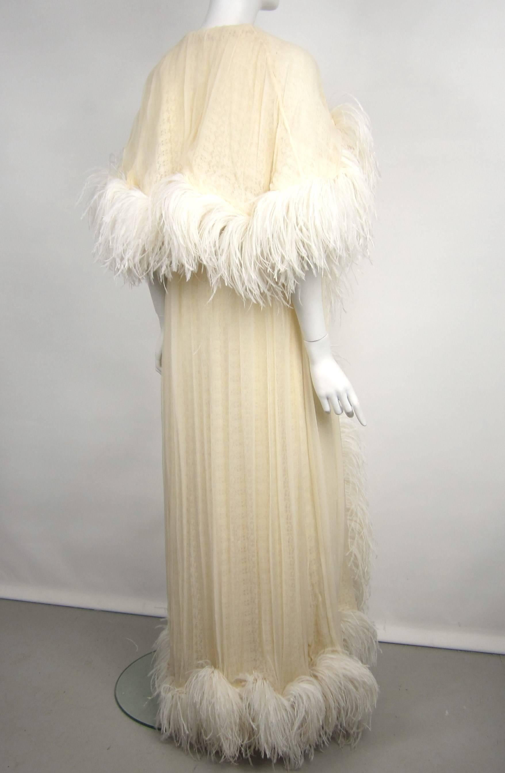 Beige Vintage 1940s Feathered Hollywood Glam Robe with hood 