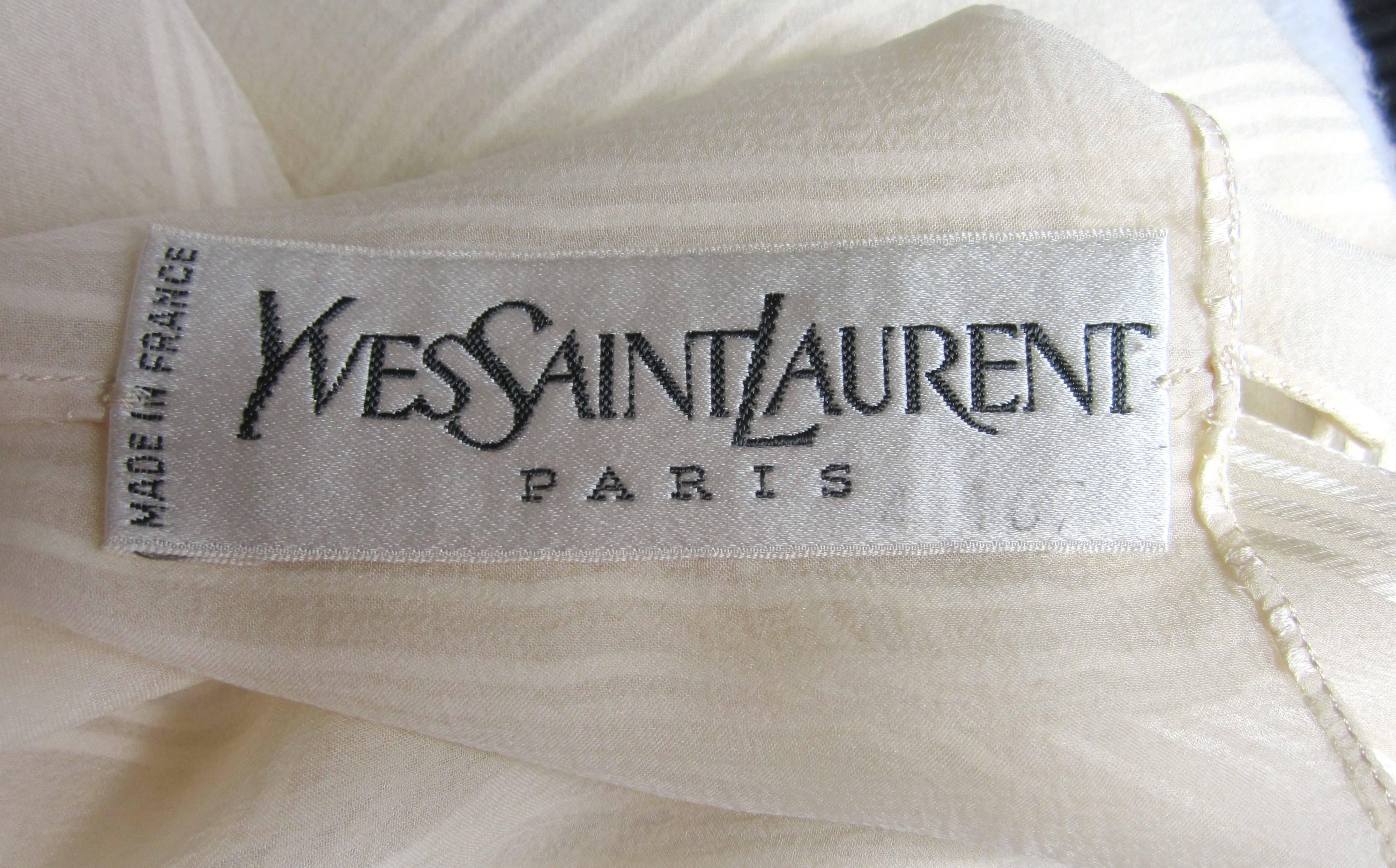 1970s Yves Saint Laurent Silk Pheasant Ruffled Numbered Blouse 3