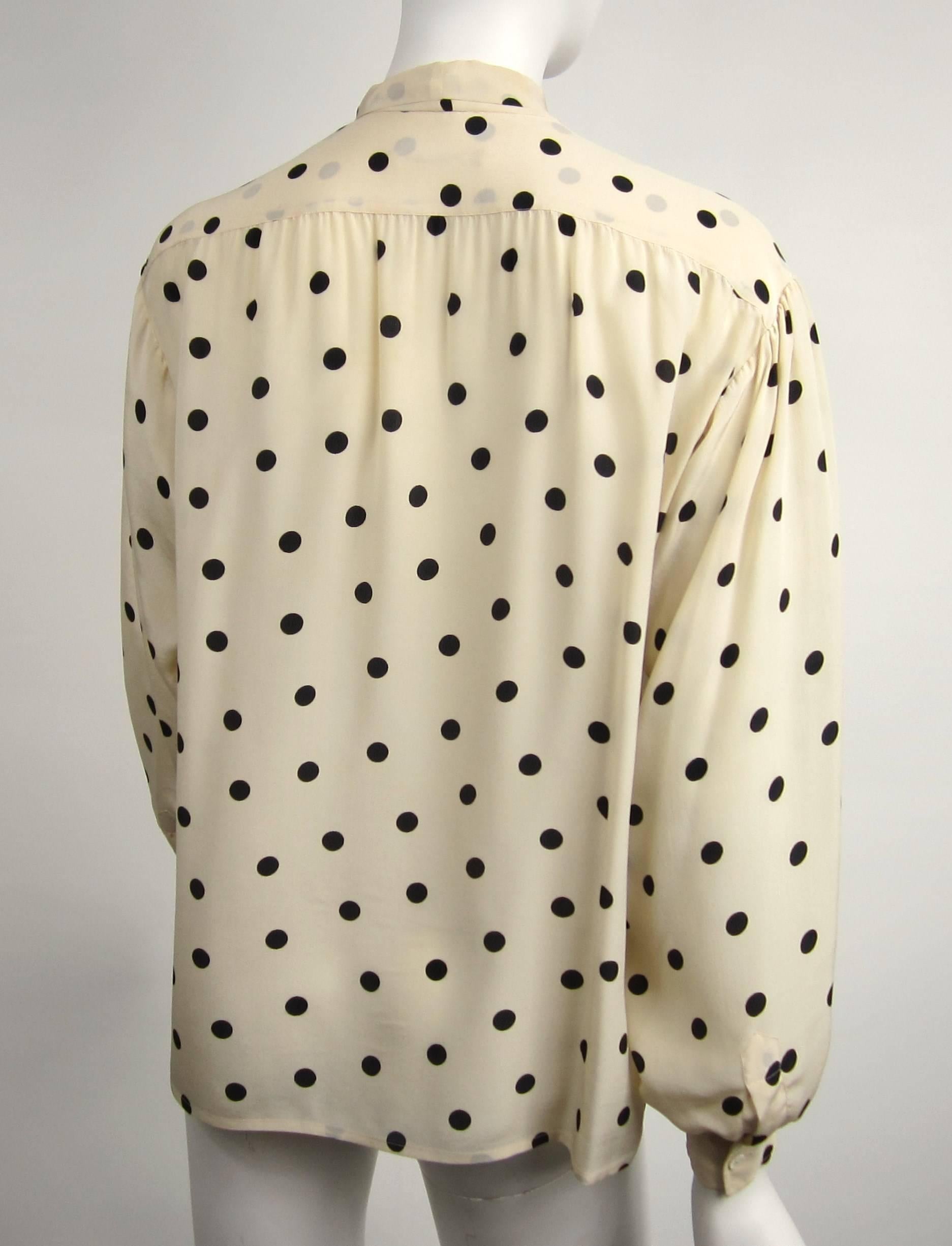 1970s Vintage Yves Saint Laurent Silk Ivory & Black Polka Dot Blouse  In Excellent Condition In Wallkill, NY