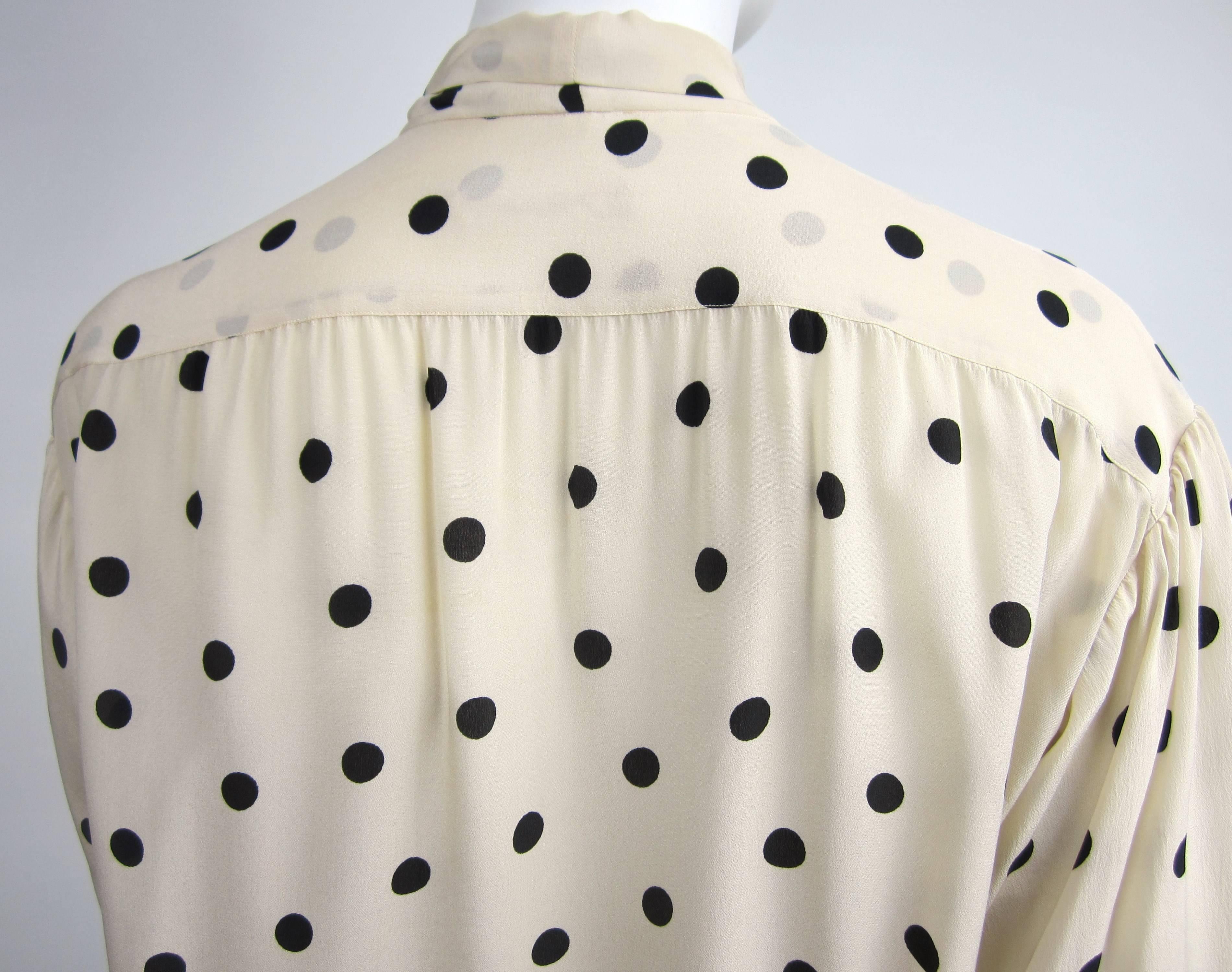 Women's 1970s Vintage Yves Saint Laurent Silk Ivory & Black Polka Dot Blouse 