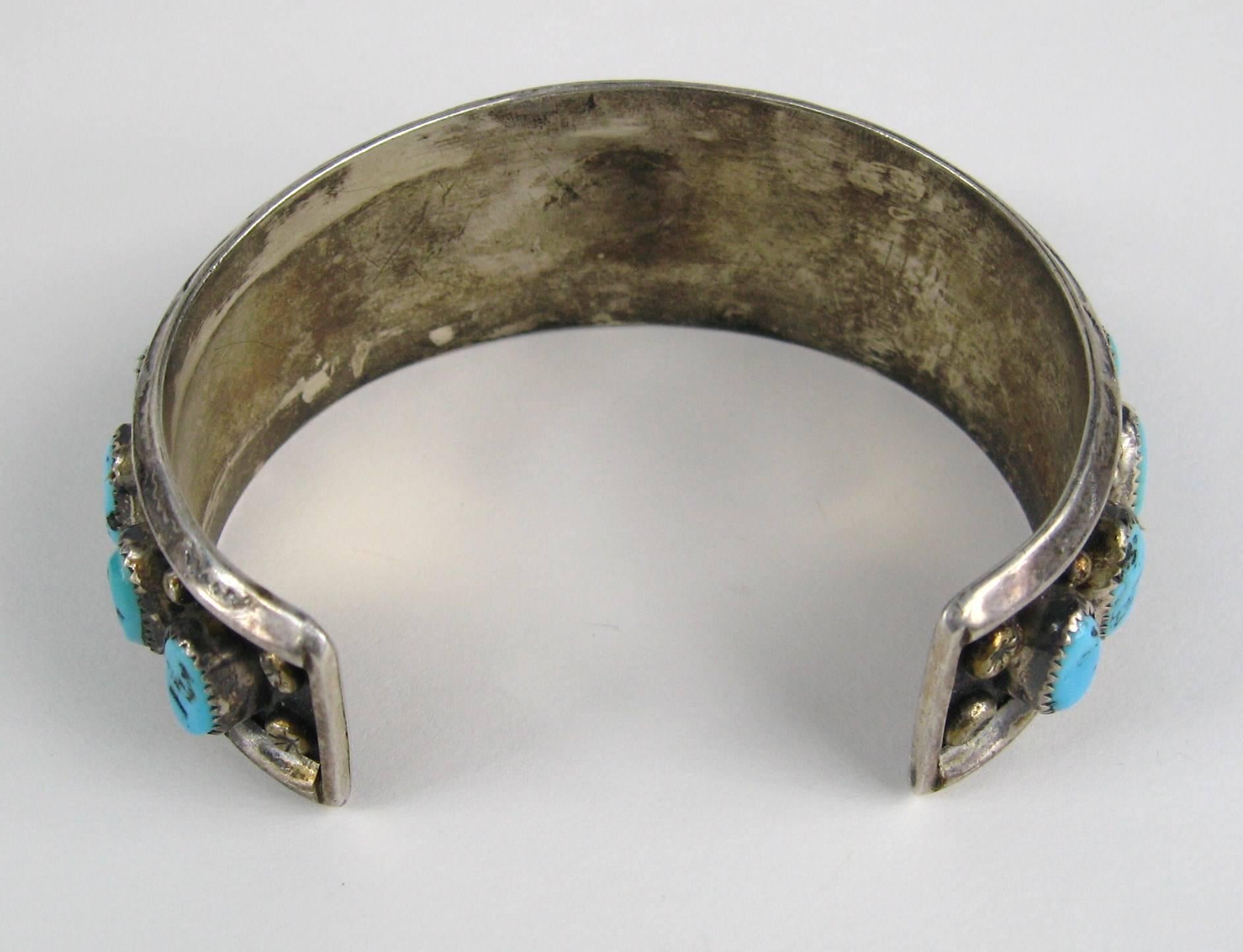 Large Sleeping Beauty Sterling Silver Navajo Turqouise Cuff Bracelet In Excellent Condition In Wallkill, NY