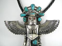 Pawn Vintage NAVAJO KACHINA Thunderbird Turquoise Sterling Bolo Tie