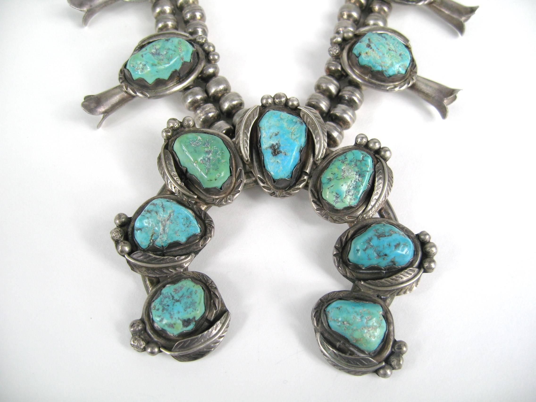 navajo silver and turquoise squash blossom necklace