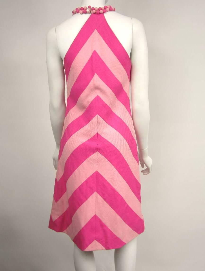 Vintage 1960s Chevron Bubble gum PINK Stripe Dress In Excellent Condition In Wallkill, NY