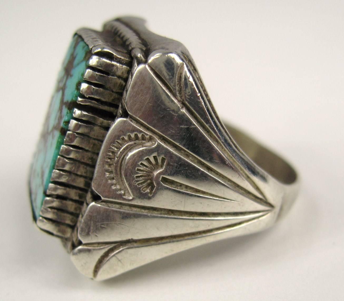 Native American Kingman Sterling Silver Turquoise Hand Crafted Unisex Ring In Excellent Condition In Wallkill, NY