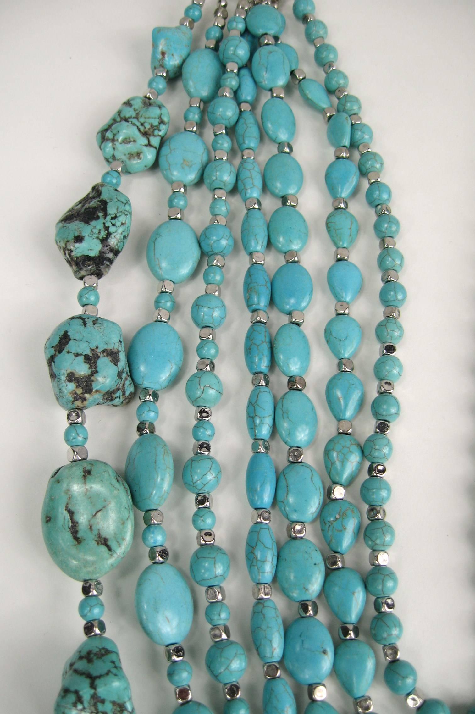 Artisan Massive Southwestern Turquoise Stone 7 Strand Bib Necklace 