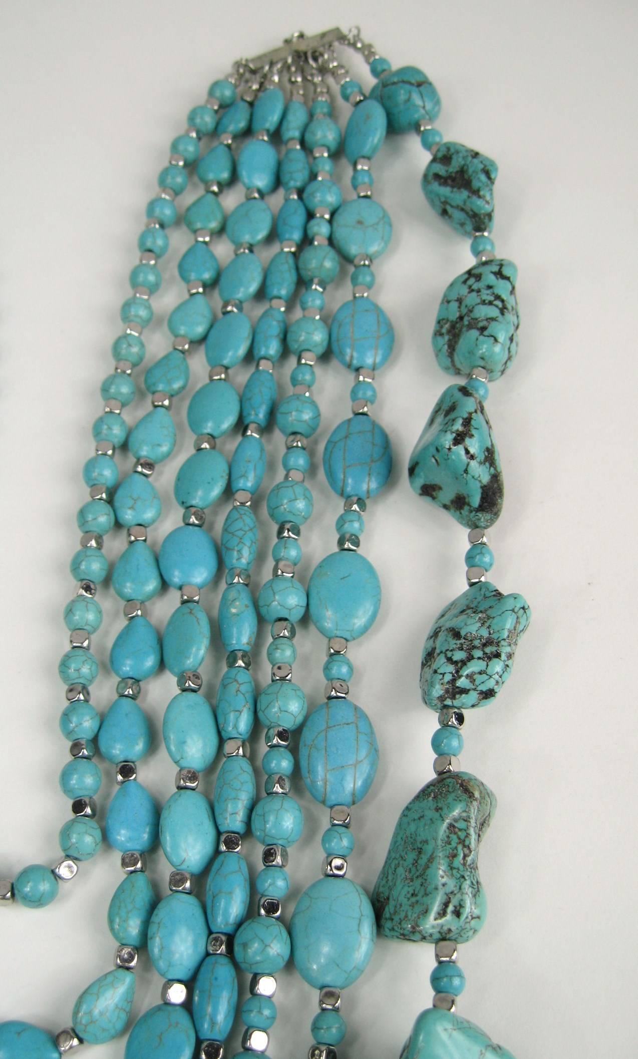 Massive Southwestern Turquoise Stone 7 Strand Bib Necklace  In Excellent Condition In Wallkill, NY