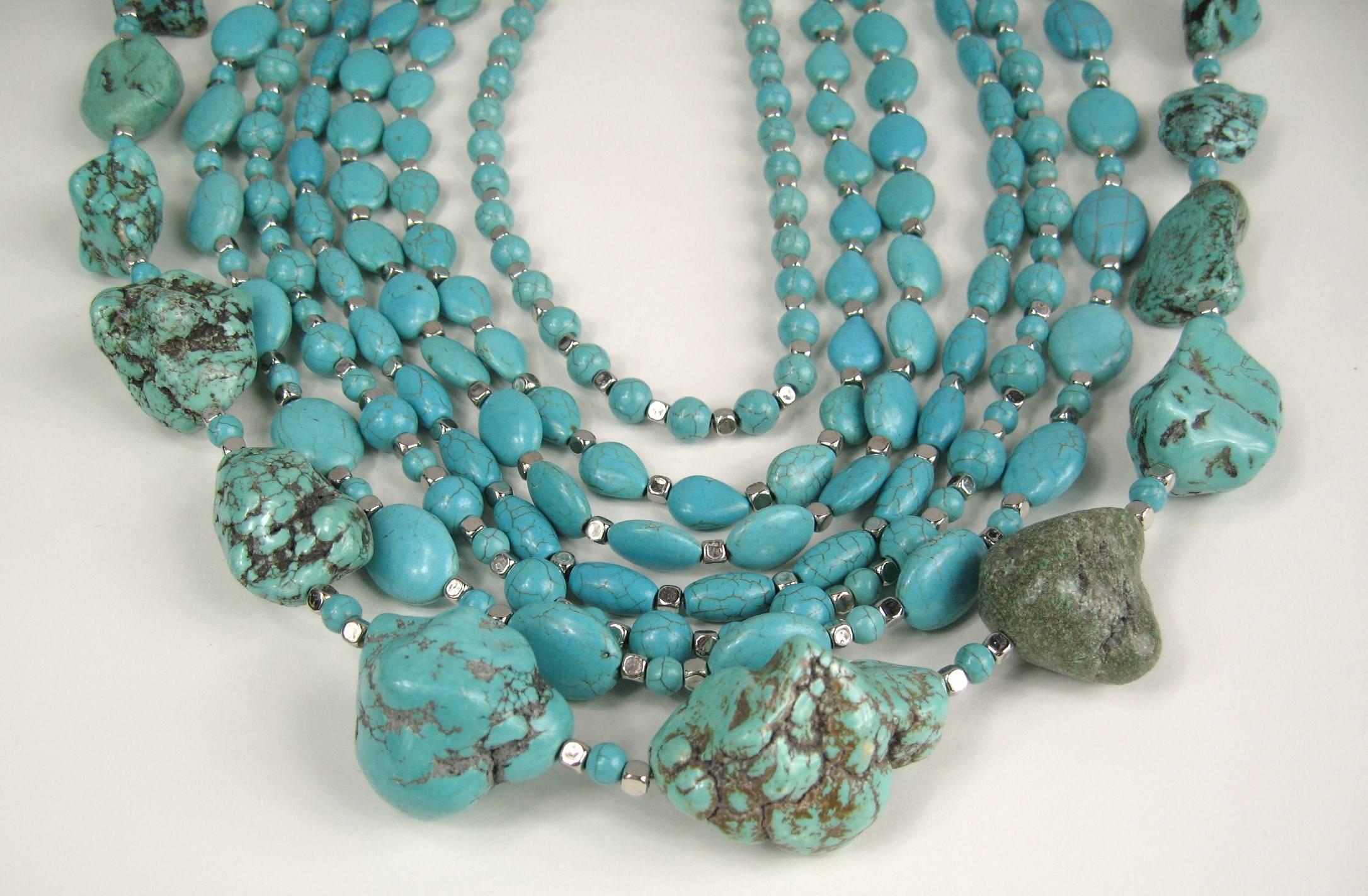 Women's or Men's Massive Southwestern Turquoise Stone 7 Strand Bib Necklace 