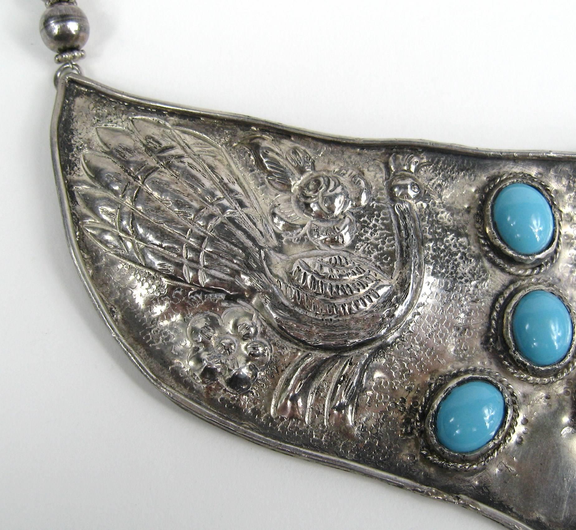 Native American Sterling Silver Hammered Turquoise shield Necklace Hand Made 1970s For Sale