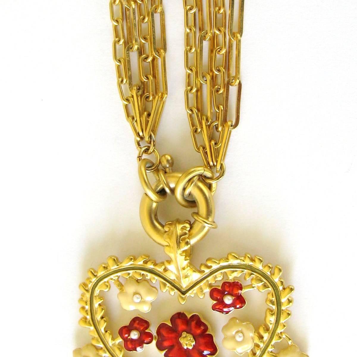 Karl Lagerfeld Red and Tan Enamel New Never worn Heart Necklace 1990s   In New Condition For Sale In Wallkill, NY