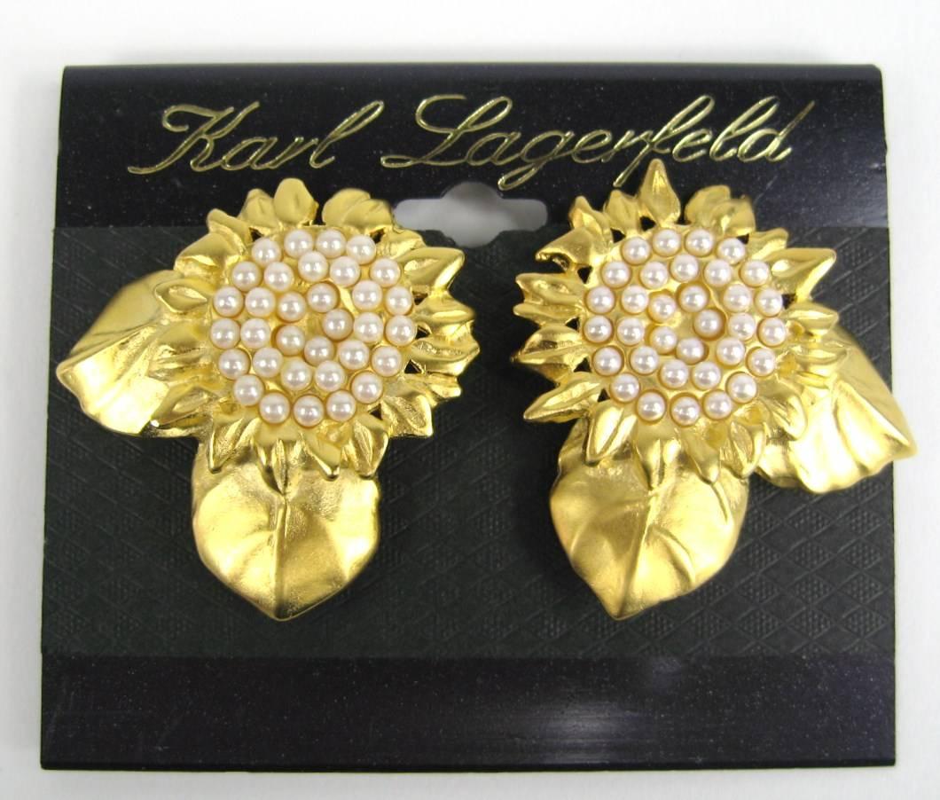 Karl Lagerfeld Sunflower Gold Gilt Earrings 1.55 inches  Top to bottom on earring. Matching Necklace also listed on our store front. This is out of a massive collection of Hopi, Zuni, Navajo, Southwestern and sterling silver jewelry from one