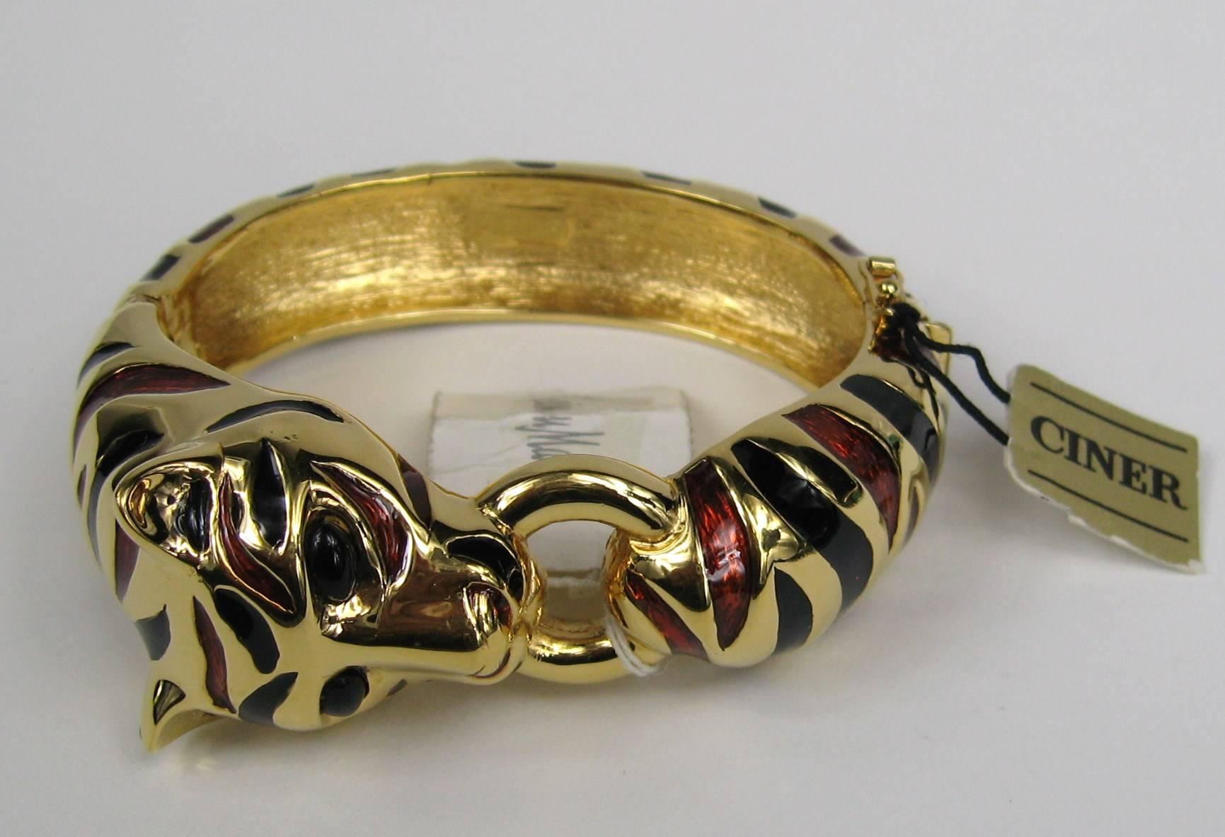  Ciner Red & Black Enameled Tiger Cuff Bracelet 1980s New, Never Worn  In Excellent Condition In Wallkill, NY