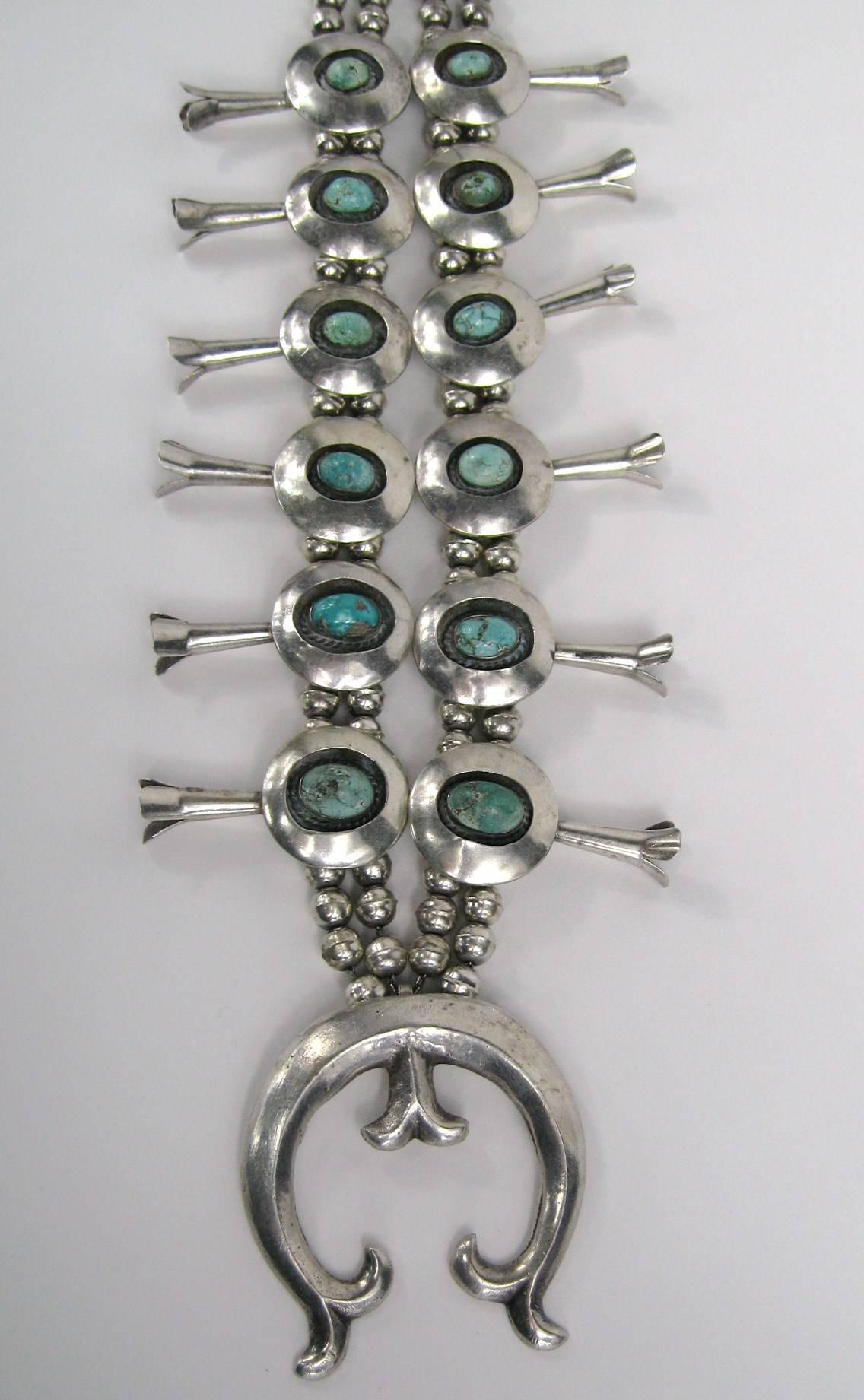 Sterling Silver Turquoise Navajo Squash Blossom Necklace Native American  im Zustand „Gut“ in Wallkill, NY