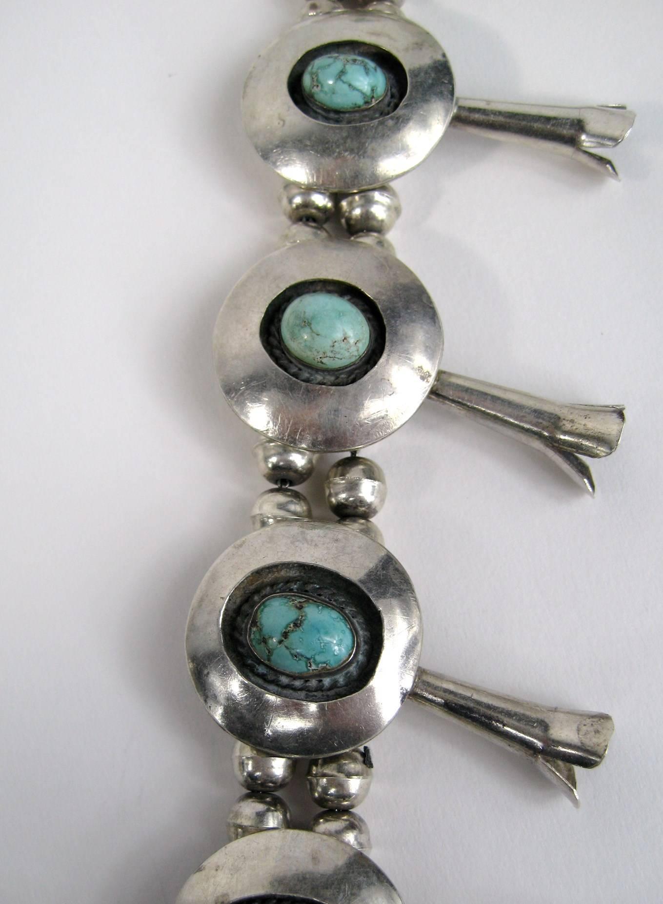 Sterling Silver Turquoise Navajo Squash Blossom Necklace Native American In Good Condition In Wallkill, NY