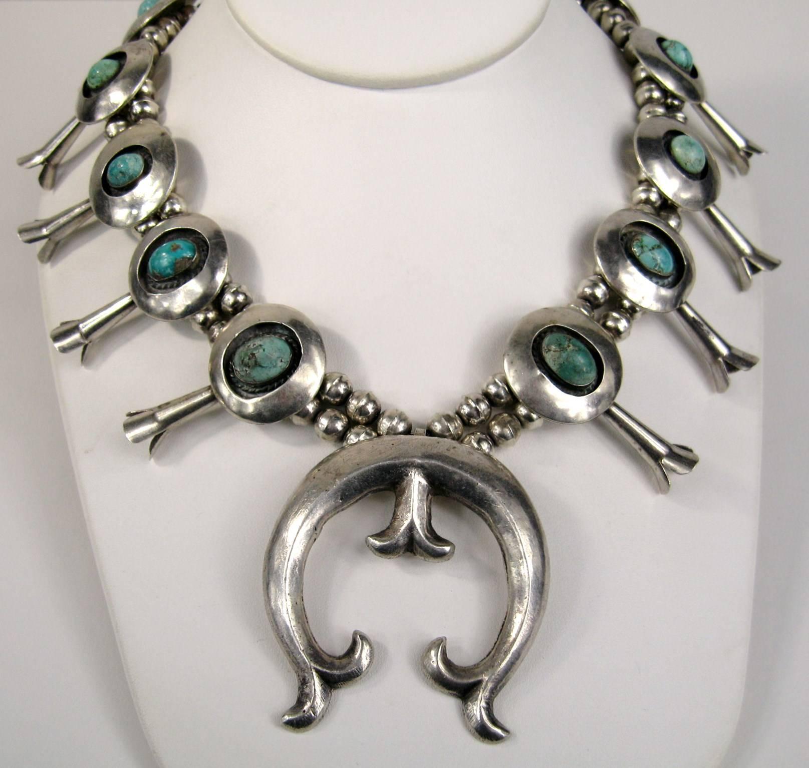 Sterling Silver Turquoise Navajo Squash Blossom Necklace Native American  3