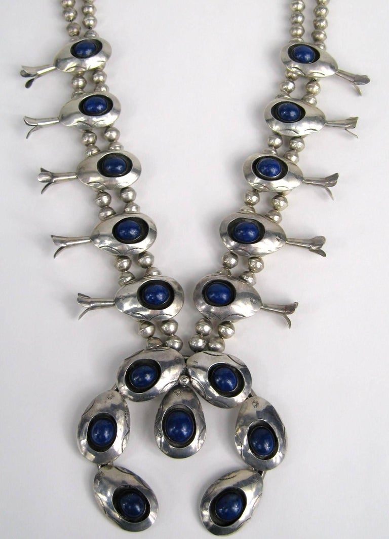 Navajo Lapis Sterling Silver Squash Blossom Native American Necklace