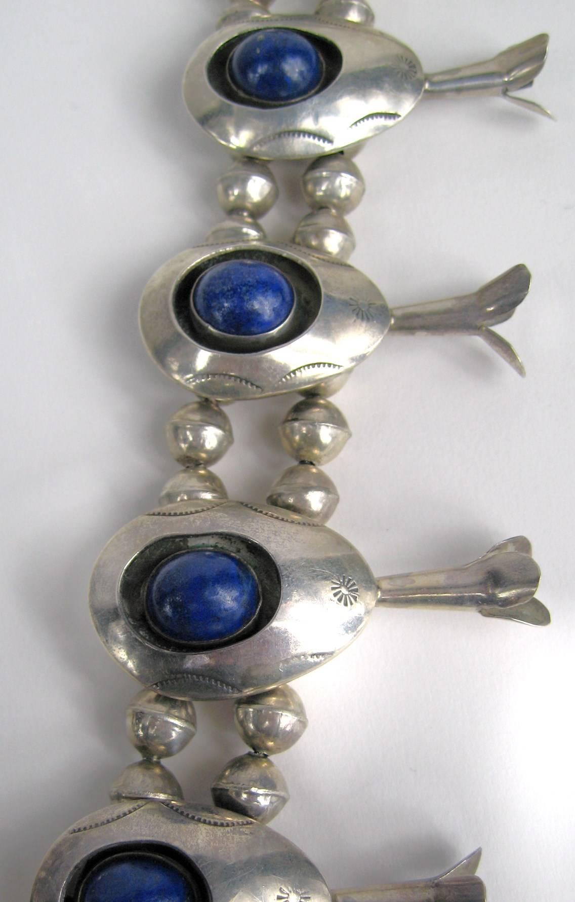 Navajo Lapis Sterling Silver Squash Blossom Native American Necklace  In Good Condition For Sale In Wallkill, NY