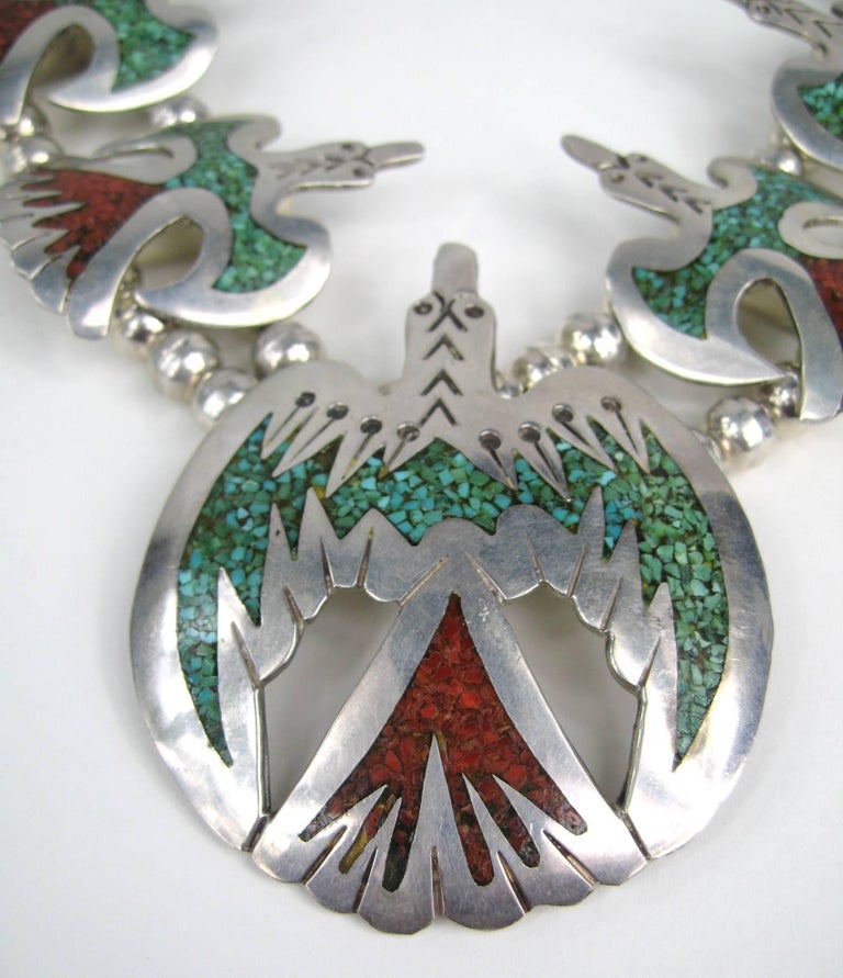 Sterling Silver Peyote Bird Chip Inlay Squash Blossom Necklace