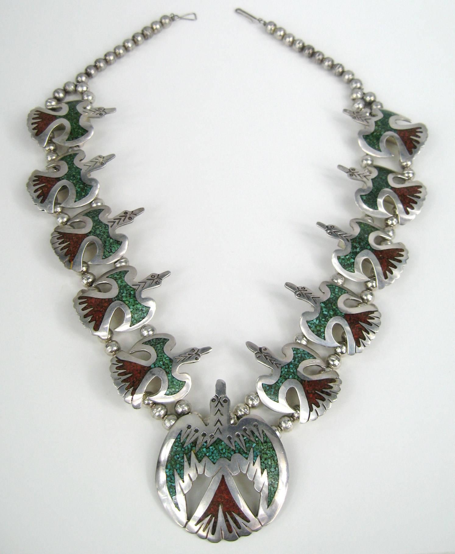Sterlingsilber Peyote Vogel Chip Inlay Quastenblüten-Halskette Native American  im Zustand „Gut“ im Angebot in Wallkill, NY