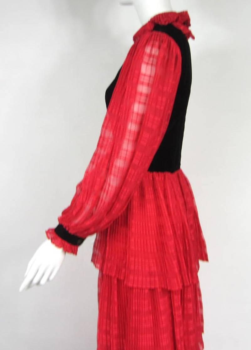 1970s Givenchy Red & Black Ruffled Tiered Gown  In Excellent Condition For Sale In Wallkill, NY