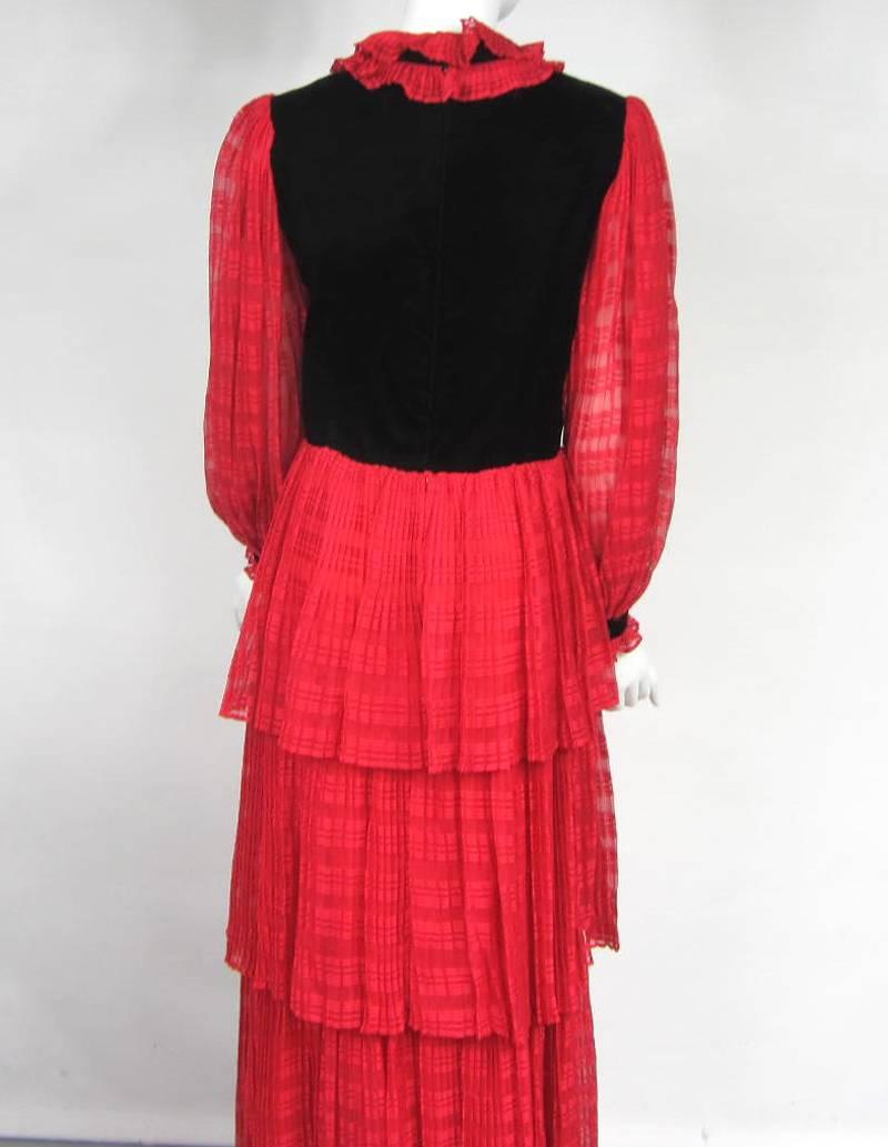 Women's 1970s Givenchy Red & Black Ruffled Tiered Gown  For Sale