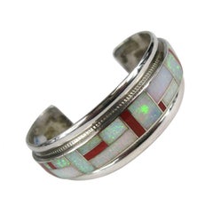 Native American Zuni channel inlay Coral and opal sterling silver cuff bracelet