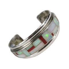 Native American Zuni channel inlay Coral and opal sterling silver cuff bracelet 