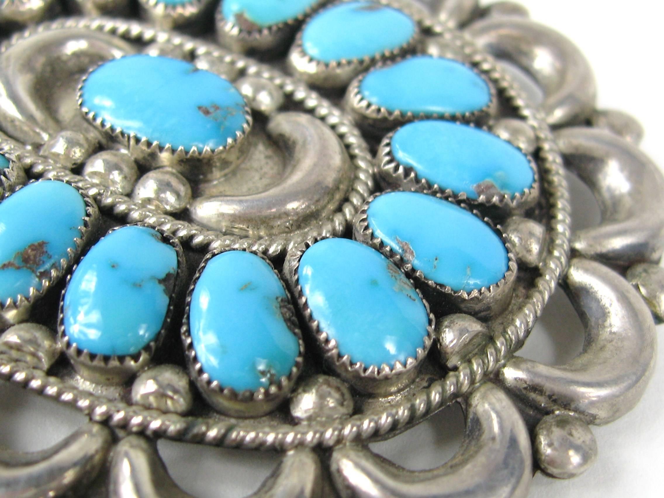 Over sized Turquoise Pin and Pendant Navajo Sterling Sterling - Hallmarked Julie O Lahi- Stunning Craftsmanship on this piece. Doubles as a pin and a pendant - Measures 2.80 in x 2.40 in . This is out of a massive collection of Hopi, Zuni, Navajo,