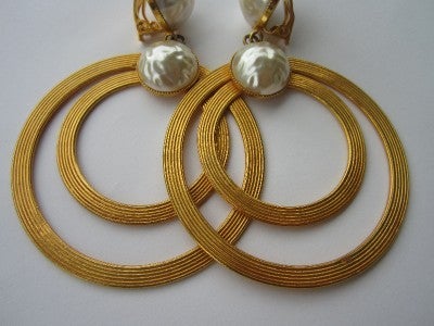 Women's 1980s Dominique Aurientis Large Double Pearl Hoop Earrings New, Never Worn 