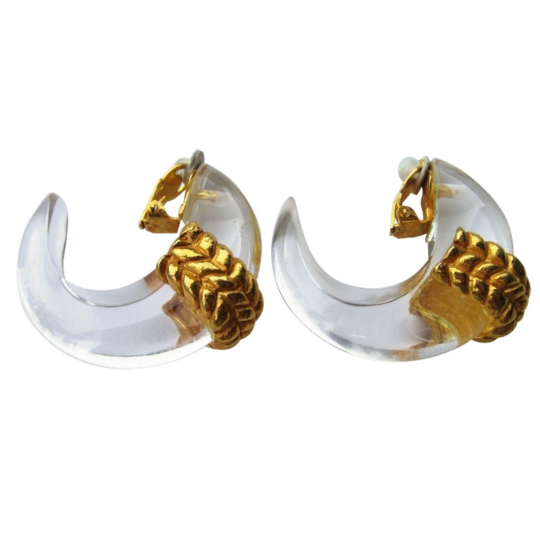 1980s Dominique Aurientis Paris Large lucite HOOP Gold Earrings New, Never Worn 