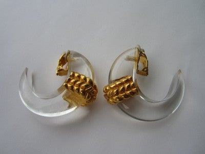 1980s Dominique Aurientis Paris Large lucite HOOP Gold Earrings New, Never Worn  In Excellent Condition In Wallkill, NY