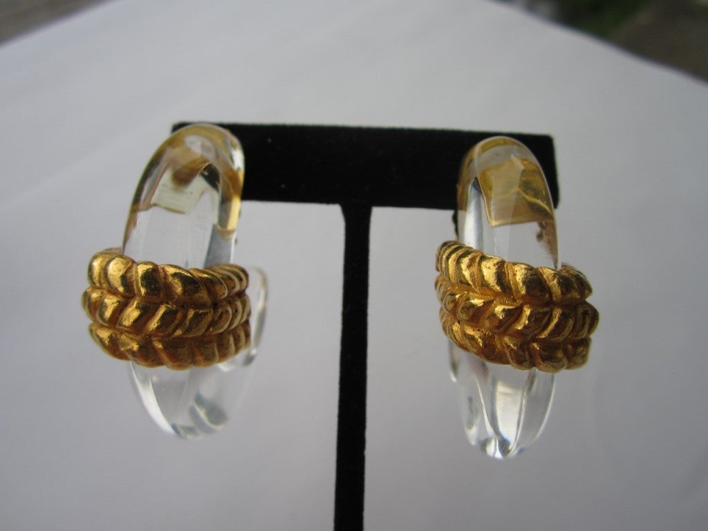 Women's 1980s Dominique Aurientis Paris Large lucite HOOP Gold Earrings New, Never Worn 