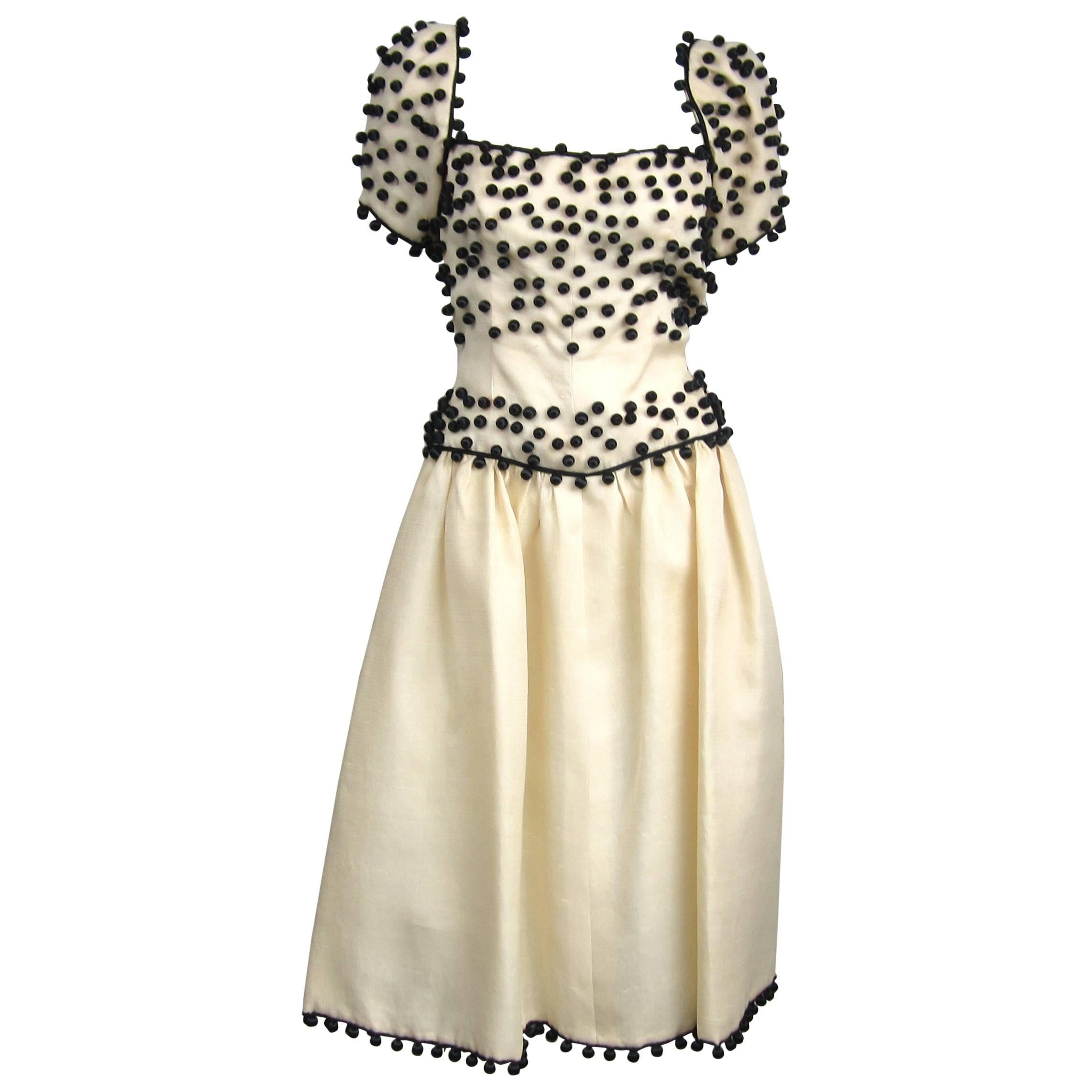 1960's Givenchy Cream / Black Embellished Ball Vintage Dress 