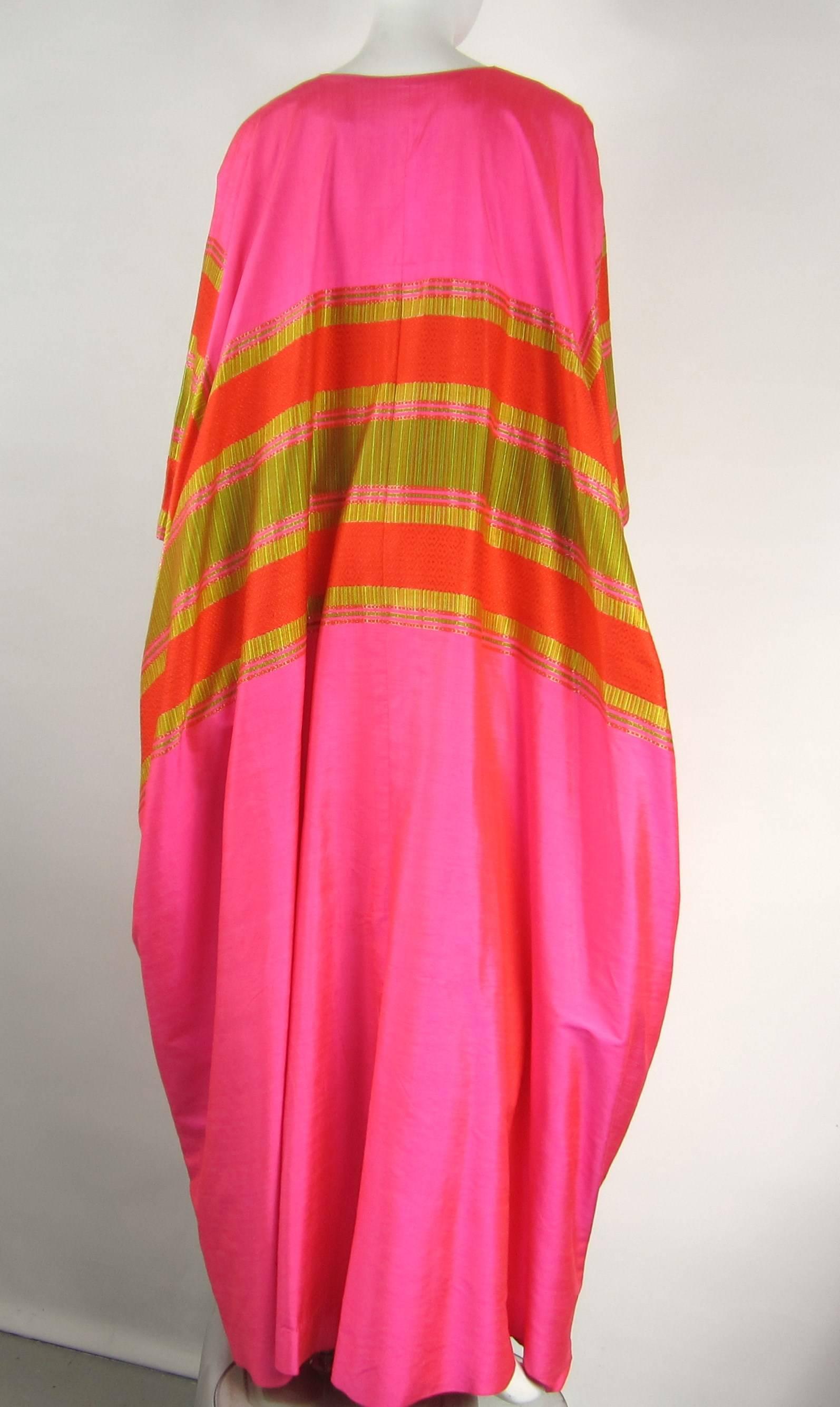 Women's or Men's 1960s Silk Dupioni Pink Orange Caftan Dress Asian Bergdorf Goodman