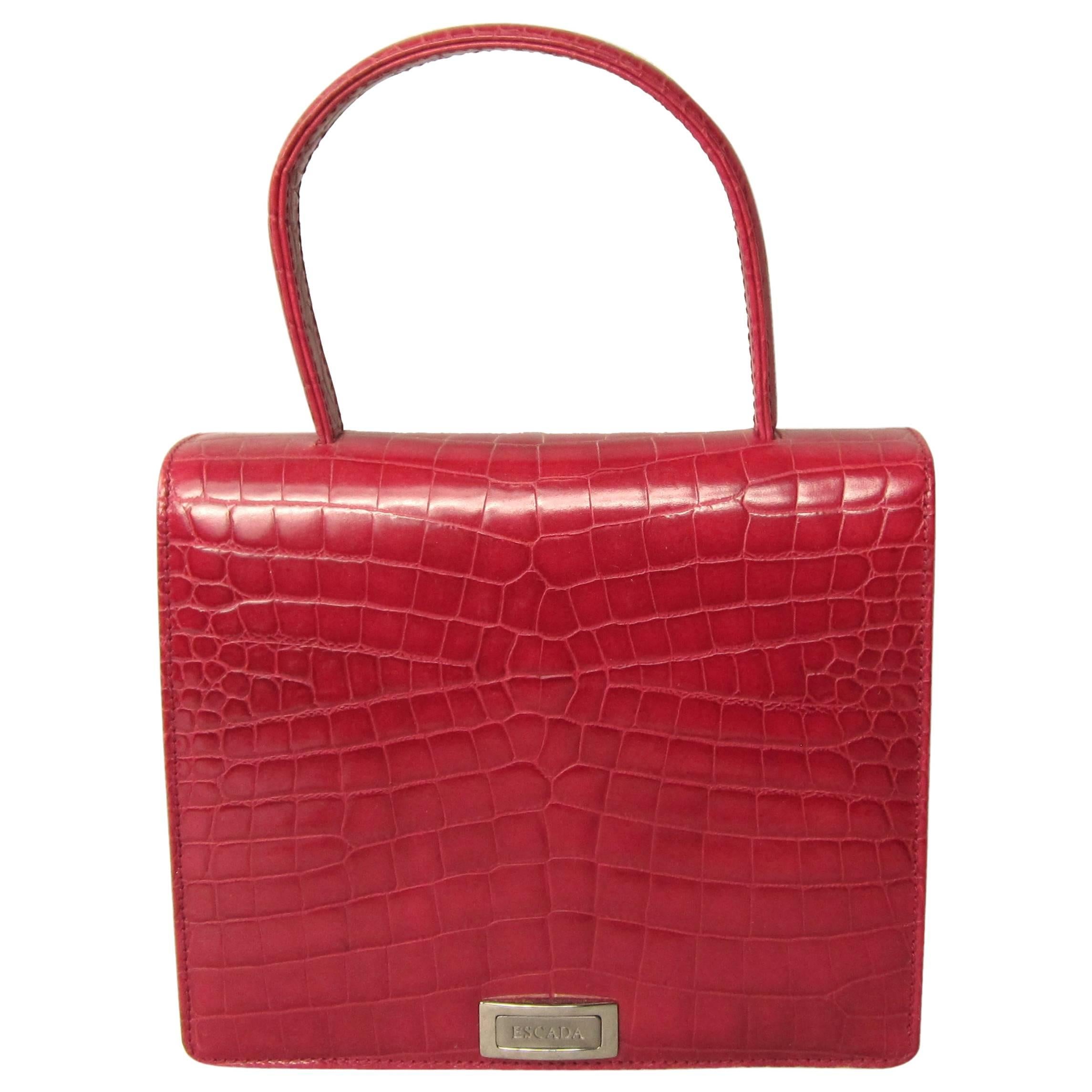 Deep Red Croc Embossed Leather Escada Kelly Handbag 1980s New, Never Worn