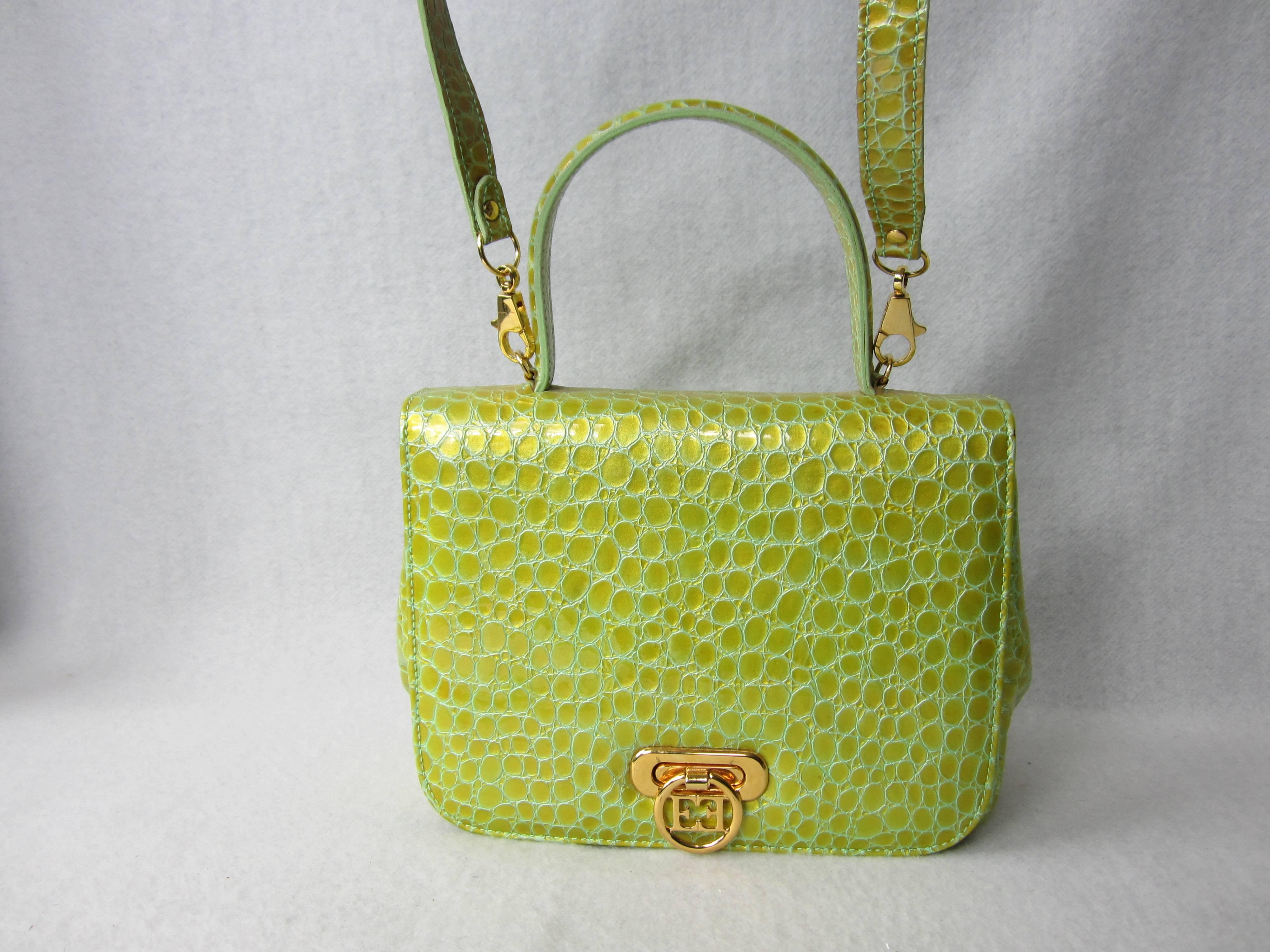 LIME GREEN Handbag Circa 1980s- early 1990s. Reptile Embossed Leather Box Shaped Shoulder bag Purse with gold tone Escada double 