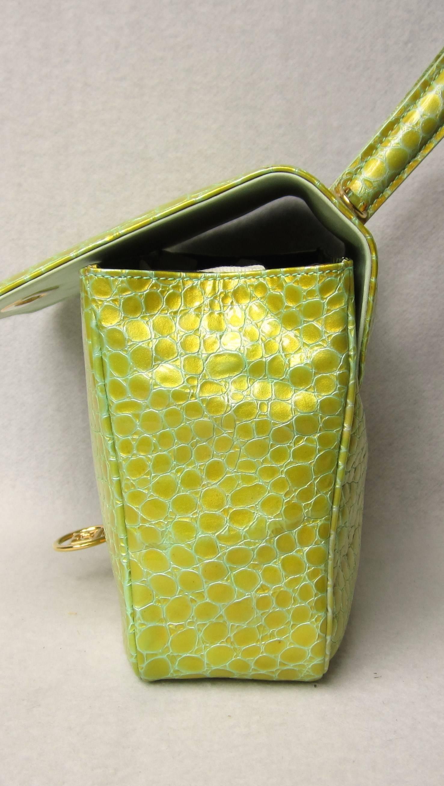 Women's 1990s Lime Green Escada Reptile Embossed Leather Hand bag New, Never Used 