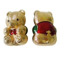 JUDITH LEIBER Enamel Figural Dual Teddy Bear Pin In box, Never Worn 