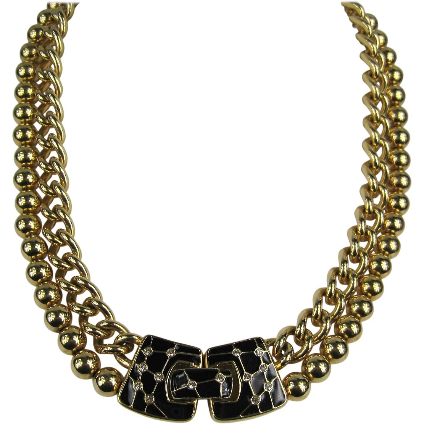 Swarovski Bezel Crystal Black Enamel necklace 1980s