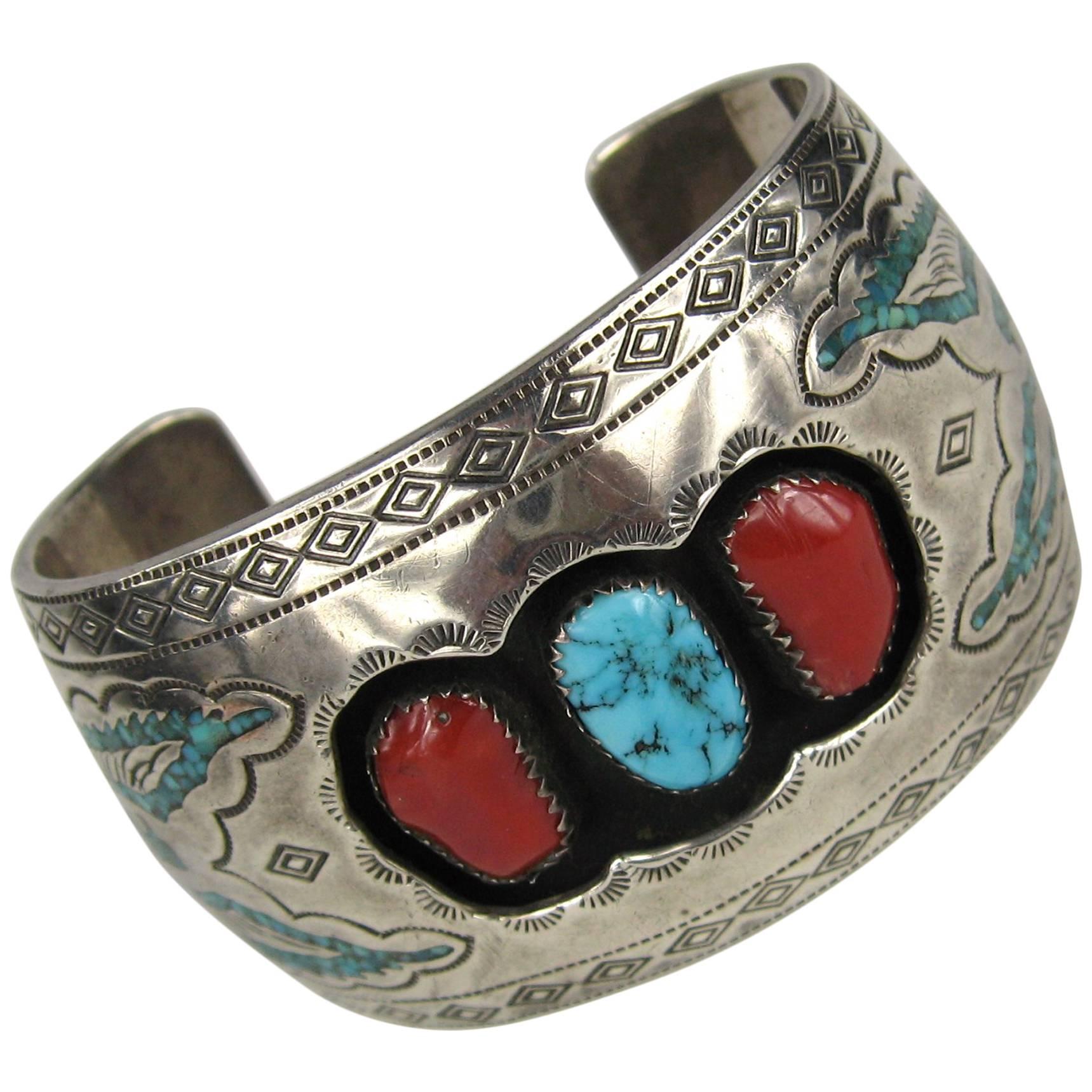 Navajo Sterling Silver Turquoise Coral Shadow Box Cuff Bracelet Native American
