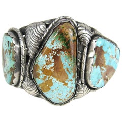 Navajo Sterling Silver Royston Turquoise Matrix 3 Stone Native cuff bracelet