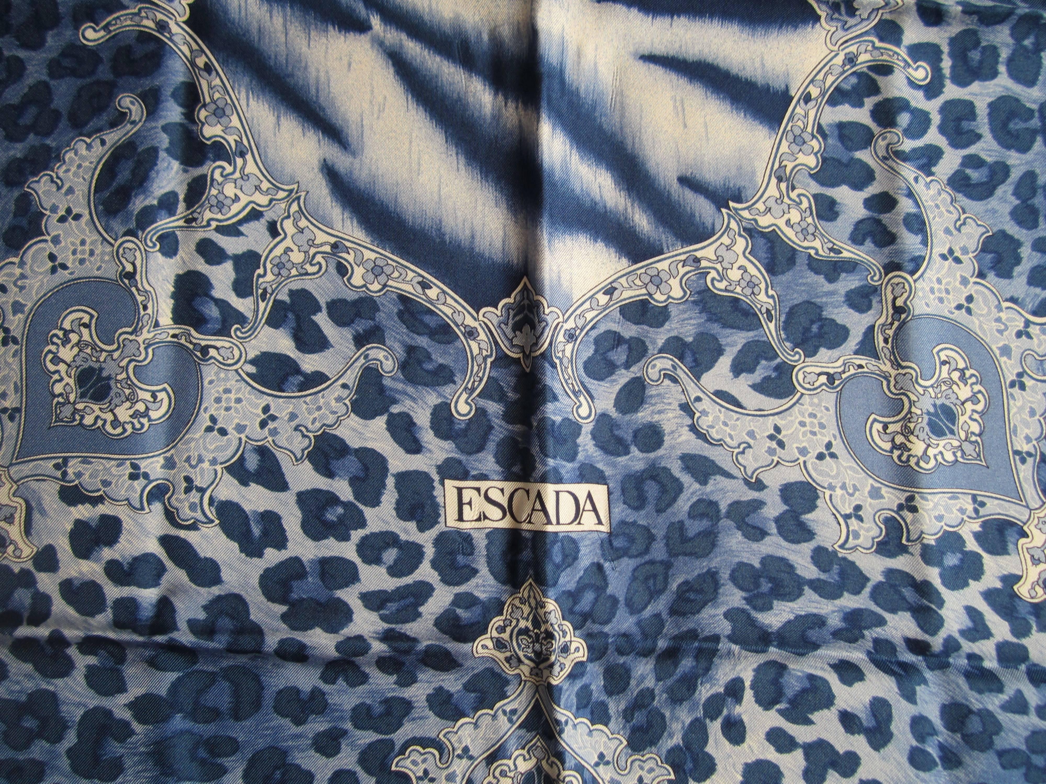Gray Escada Silk Blue Zebra Scarf Never worn New Old Stock 1990s For Sale