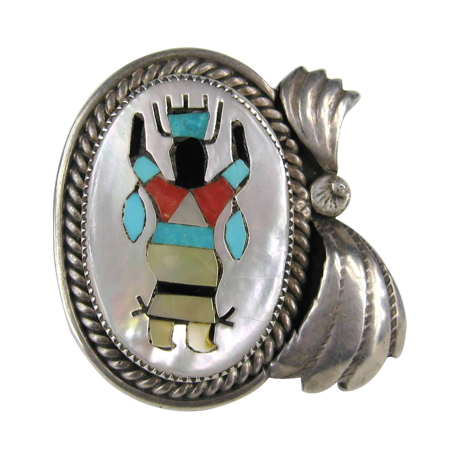 Navajo-Ring mit Intarsien aus Sterlingsilber, Gilbert Adeky, amerikanische Ureinwohner