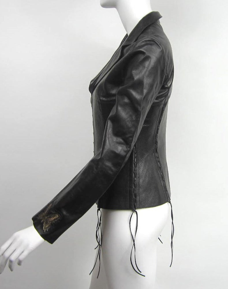 ROBERTO CAVALLI Black leather cropped biker jacket S Never worn In Excellent Condition In Wallkill, NY