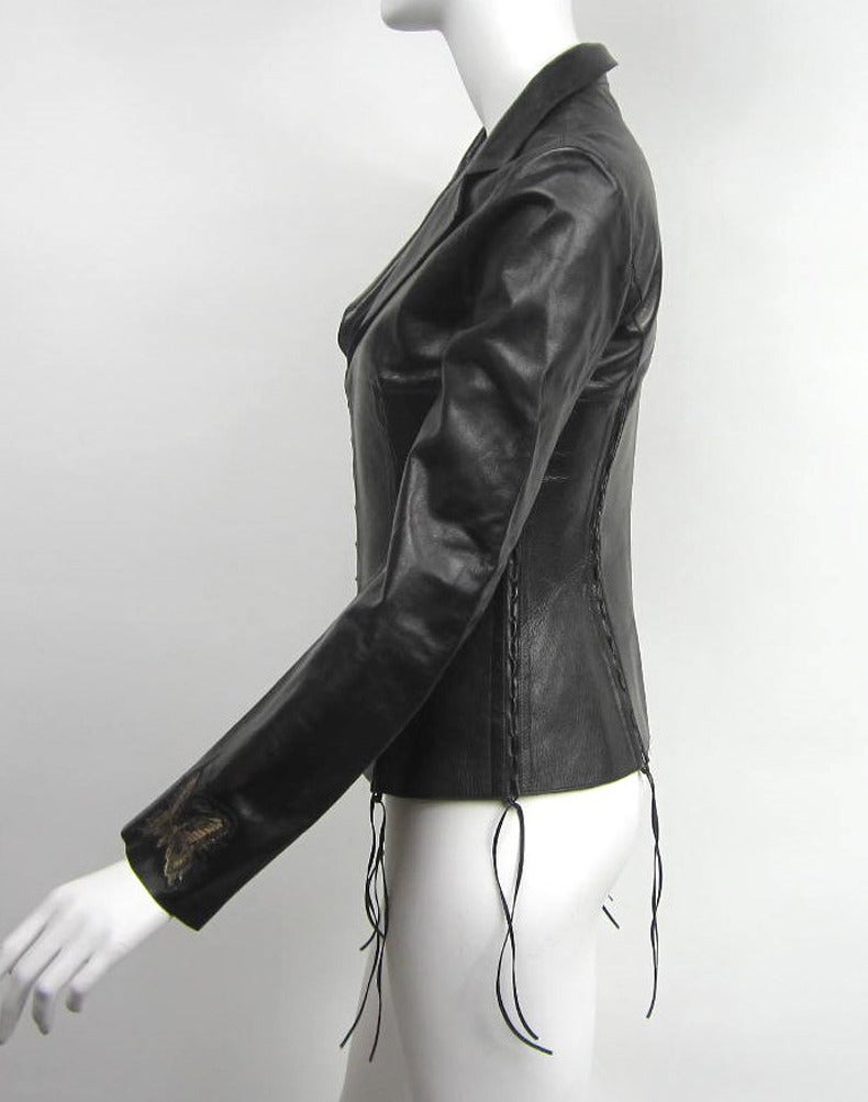 ROBERTO CAVALLI Black leather cropped biker jacket S Never worn  In Excellent Condition In Wallkill, NY