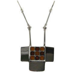 David Anderson Modernist Sterling Silver Necklace & Enameled Pendant