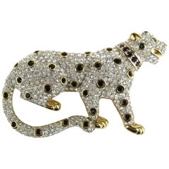 Stunning Retro SWAROVSKI Gold Gilt Leopard Cat Brooch Never Worn 