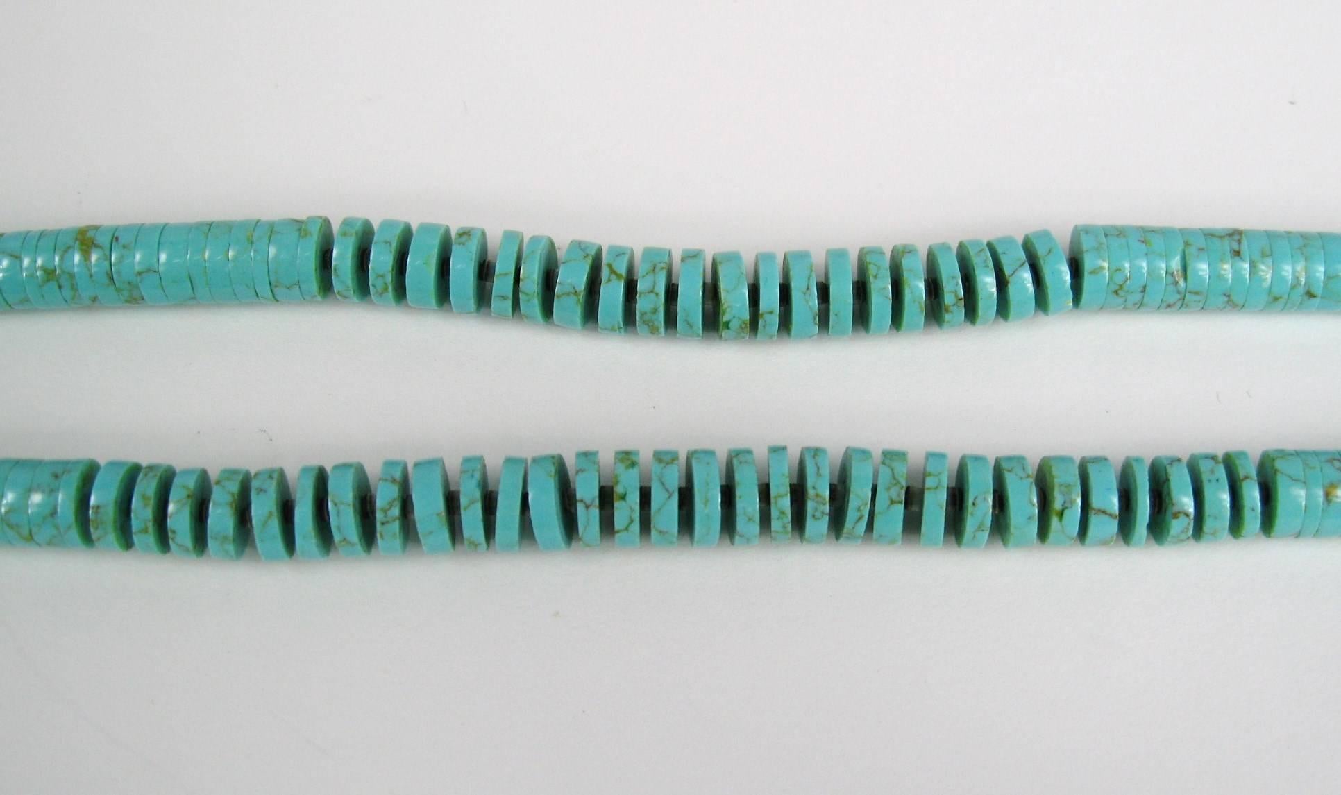 Bead Turquoise, Clam Shell Coral Necklace w Jacla Silver  Santo Domingo Pueblo Heishe For Sale