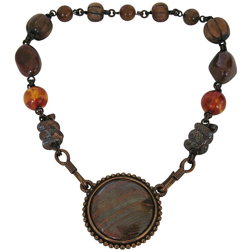 Stephen Dweck Necklace Snake Amber Wood Necklace  1980s  For Sale