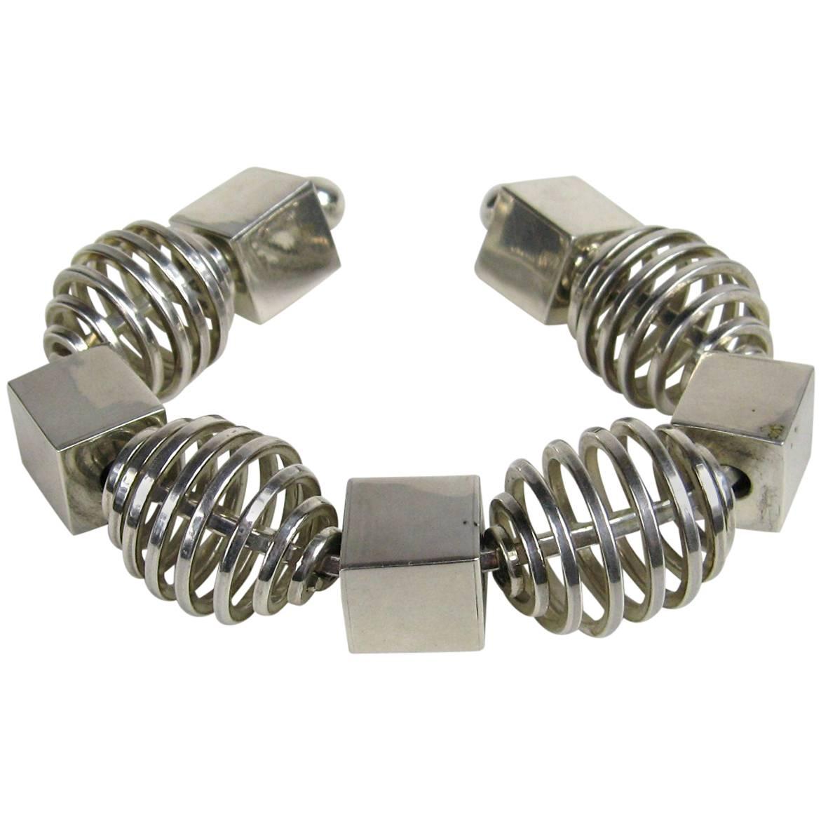 Sterling silver Modernist Bracelet Cube Spiral Cube Cuff For Sale